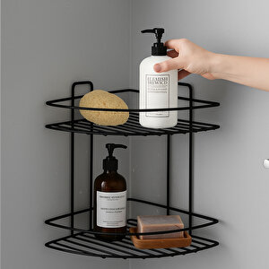 İki Katlı Vidalı Duş Şampuanlık Köşe Rafı Banyo Organizeri Askılı Şampuanlık Düzenleyici Siyah