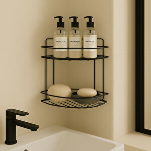 İki Katlı Vidalı Duş Şampuanlık Köşe Rafı Banyo Organizeri Askılı Şampuanlık Düzenleyici Siyah