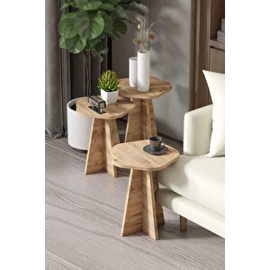 Falez Zigon Sehpa Dekoratif 3'lü Çok Amaçlı Yan Sehpa Çiçek Formlu Çam