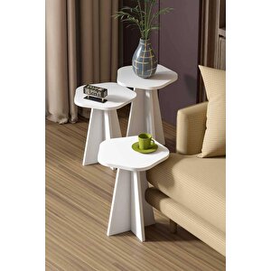 Falez Zigon Sehpa Dekoratif 3'lü Çok Amaçlı Yan Sehpa Çiçek Formlu Beyaz