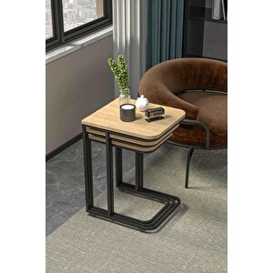 Falez Zigon Sehpa 3'lü Tekerlekli Metal Ayaklı Yan Sehpa Karina Meşe