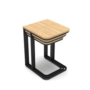 Reyo Falez Zigon Sehpa 3'lü Tekerlekli Metal Ayaklı Yan Sehpa Karina Meşe