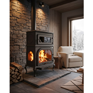 Stove Abant Üç Camlı Yan Kapak Fırınlı Döküm Şömine Soba