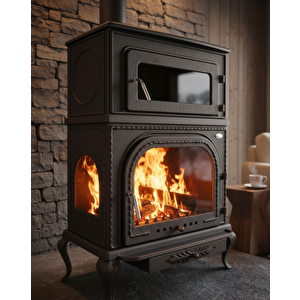 Stove Abant Üç Camlı Yan Kapak Fırınlı Döküm Şömine Soba