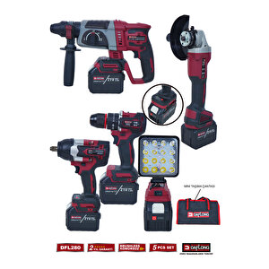15 Pi̇lli̇ 5'li̇ Çantali Set 1300nm Torklu+devi̇rli̇ Taşlama+matkap+kirici Deli̇ci̇+fener Dfl-280