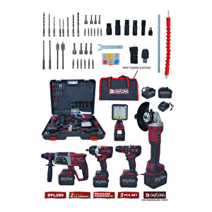 15 Pi̇lli̇ 5'li̇ Çantali Set 1300nm Torklu+devi̇rli̇ Taşlama+matkap+kirici Deli̇ci̇+fener Dfl-280