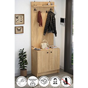 2 Kapaklı Portmanto Elbise Askılığı Vestiyer Ayakkabılık Askılık Güneş Safir Meşe