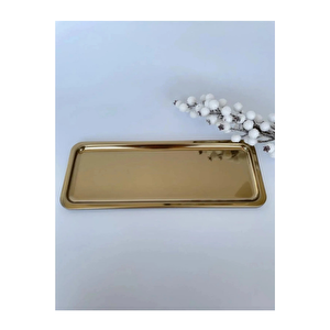 Paslanmaz Çelik Gold Renk Dikdörtgen Dar Metal Düz Sunum Tepsisi Çay Kahve Tatlı Sunum 3 Adet