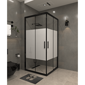 110 X 110 Kumlama  Cam Desen 02  Kare Köşe Girişli Kabin Siyah Profil 6mm 110x110 cm