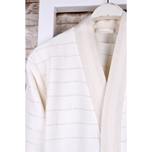 %100 Pamuk  Krem Sim Detaylı Kimono Sabahlık Krem-s