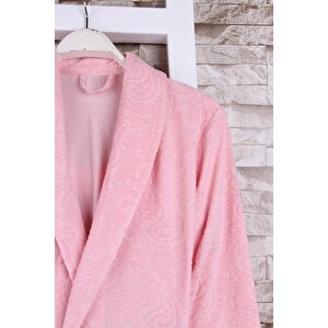 Kadın Jakarlı Bej Kadife Şalyaka Sabahlık Pembe-m