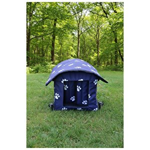 Pati Desenli Lacivert Kedi Evi Isı Ve Yağmur Korumalı