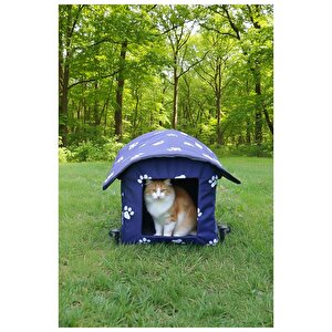 Yuga Pati Desenli Lacivert Kedi Evi Isı Ve Yağmur Korumalı