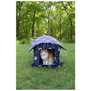 Yuga Pati Desenli Lacivert Kedi Evi Isı Ve Yağmur Korumalı