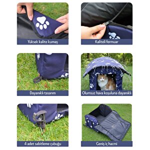 Yuga Pati Desenli Lacivert Kedi Evi Isı Ve Yağmur Korumalı