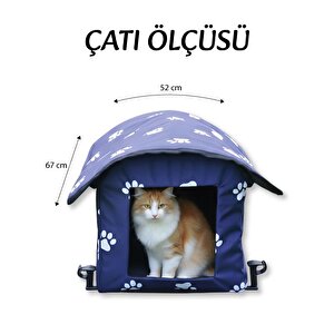 Yuga Pati Desenli Lacivert Kedi Evi Isı Ve Yağmur Korumalı
