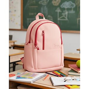 Yuga Suni Deri Dört Gözlü Sırt Çantası Pembe