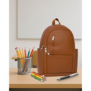 Yuga Suni Deri Dört Gözlü Sırt Çantası Taba