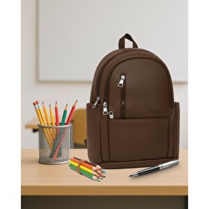 Yuga Suni Deri Dört Gözlü Sırt Çantası Kahverengi