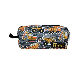 İş Makinalı Desenli Gri Tek Gözlü Kalem Çantası