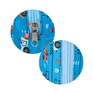 Taşıt Desenli Okyanus Mavisi Tek Gözlü Kalem Çantası