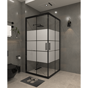 90 X 90 Kumlama  Cam Desen 03  Kare Köşe Girişli Kabin Siyah Profil 6mm 90x90 cm