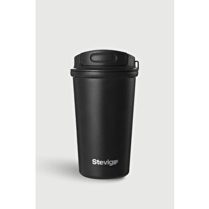 4 Work Flip Open Coffee Mug Çelik Termos 400 Ml Black St-250