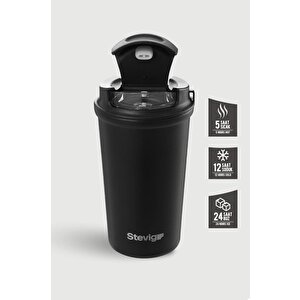 4 Work Flip Open Coffee Mug Çelik Termos 400 Ml Black St-250