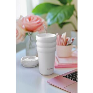 Stevig 3 Bubble Two-cap Straw Tumbler Çelik Termos 600 Ml White Stone St-249