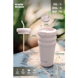 Stevig 3 Bubble Two-cap Straw Tumbler Çelik Termos 600 Ml Lilac Hint St-245