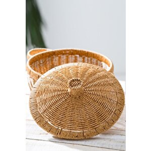 Rattan Hasır Kapaklı Çok Amaçlı Depolama Mutfak Banyo Sepeti 28.5 Cm - Kahverengi