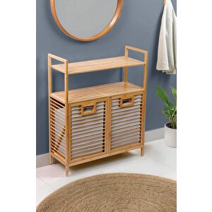Bambu 2'li Kirli Sepetli 2 Raflı Çok Amaçlı Banyo Düzenleyici Çamaşır Sepeti Db-0040