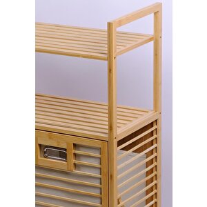 Digithome Bambu 2'li Kirli Sepetli 2 Raflı Çok Amaçlı Banyo Düzenleyici Çamaşır Sepeti Db-0040