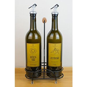 Petra 2'li Siyah Metal Standlı Ahşap Saplı Yağdanlık Seti Gold Etiketli Amber Yağlık 750 Ml
