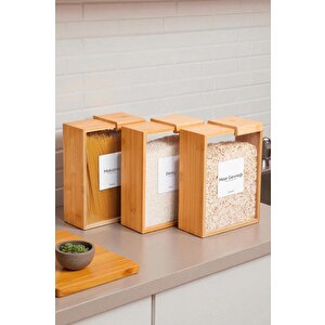 Bambu 3'lü Saklama Kutusu Etiketli Dikdörtgen Bakliyat Saklama Kabı gıda organizeri-mg-002