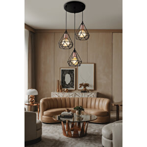 Elmas 3lü Siyah Avize Modern Dekoratif Sarkıt Salon Oturma Odası Cafe Hole Mutfak Yatak Odası