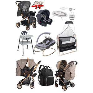 11 Parça Çeyiz Seti Bebek Arabası,puset,anne Yanı Beşik,anakucağı,mama Sandalyesi,küvettakımı,bebekbakımçantası Antrasit
