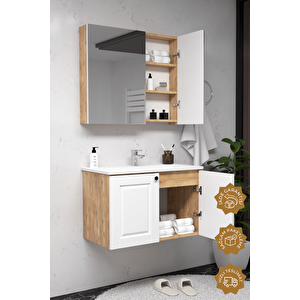Aldera 80 Cm Mdf Gövde Membran Kapak Banyo Dolabı Seti Atlantik Çam - Beyaz