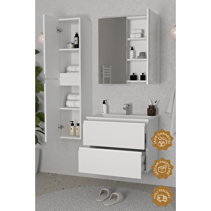 Granada 80 Cm Mdf Gövde Membran Kapak Banyo Dolabı Seti + Boy Dolabı Beyaz