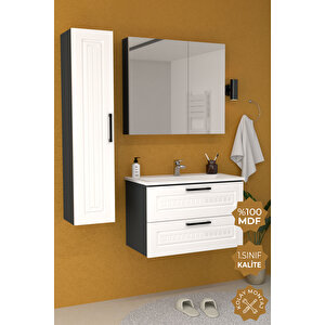 Floransa 80 Cm Mdf Gövde Membran Kapak Banyo Dolabı Seti + Boy Dolabı Antrasit Beyaz