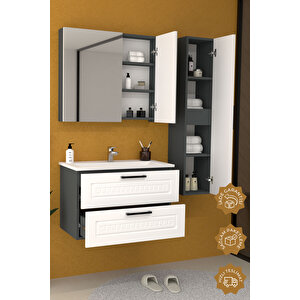 Floransa 80 Cm Mdf Gövde Membran Kapak Banyo Dolabı Seti + Boy Dolabı Antrasit Beyaz