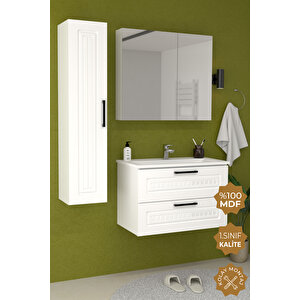 Floransa 65 Cm Mdf Gövde Membran Kapak Banyo Dolabı Seti + Boy Dolabı Beyaz