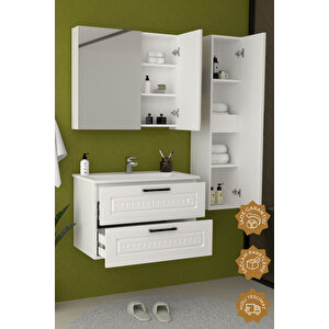 Floransa 65 Cm Mdf Gövde Membran Kapak Banyo Dolabı Seti + Boy Dolabı Beyaz