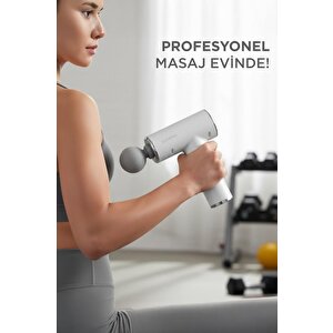 N2 Beyaz Darbeli Titreşimli Masaj Tabancası 1800mah Şarjlı 6 Başlıklı Egzersiz Aleti