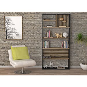 Nova Zebra 7 Bölmeli Kitaplıklık - Minifiks - Wood Siyah  Atlantik Çam