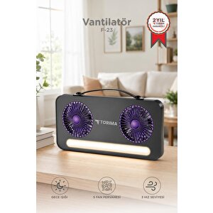 Vantilatör Led Işıklı Şarjlı Çift Fanlı Mini Masaüstü Fan 1200 Mah F23 Siyah