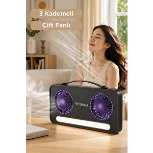 Vantilatör Led Işıklı Şarjlı Çift Fanlı Mini Masaüstü Fan 1200 Mah F23 Siyah