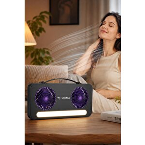 Vantilatör Led Işıklı Şarjlı Çift Fanlı Mini Masaüstü Fan 1200 Mah F23 Siyah