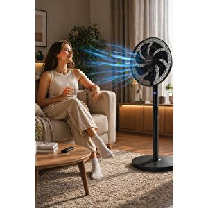 Vantilatör 7 Pervaneli 3 Kademeli Kumandalı Dijital Ekranlı Ayaklı 16 Inc 60w Fan Sf02 Siyah