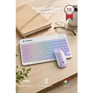 Kablosuz Klavye Mouse Seti Rgb Işıklı Şarj Edilebilir Tmk09 Mor